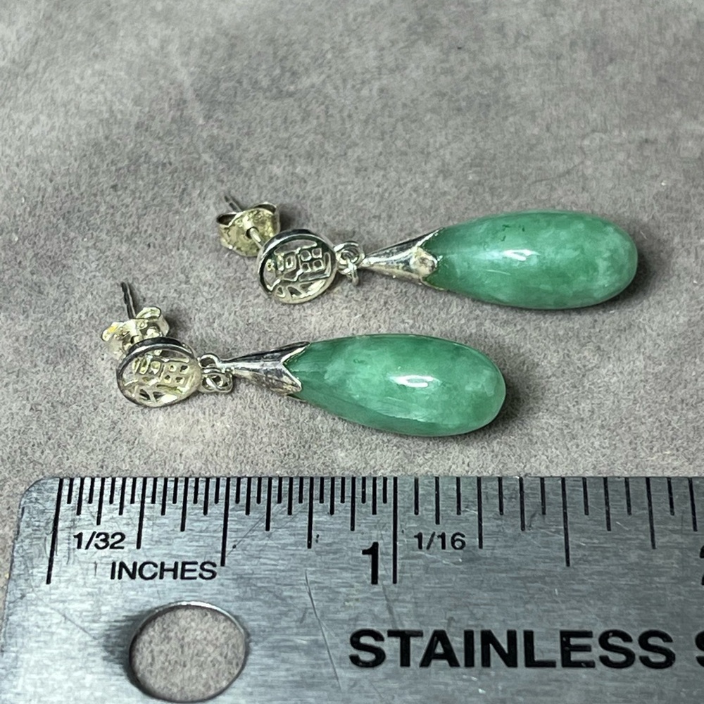 Vtg. Sterling Silver Chinese Lucky Symbol Green Jade Teardrop Earrings
